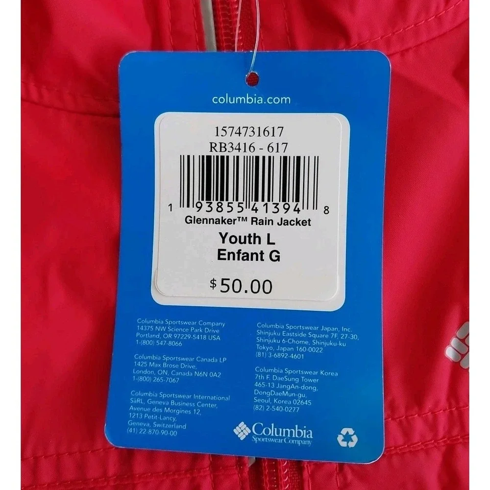 Columbia Glennaker Youth Rain Jacket Size Large Red with Hood